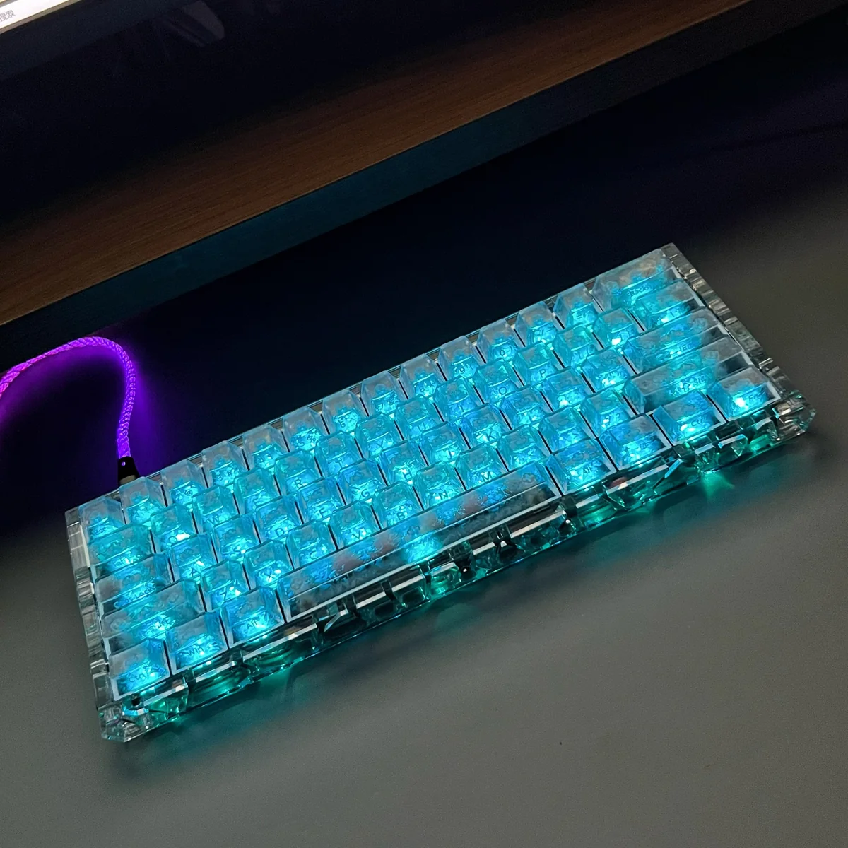 Premium forged carbon keycaps set shown from multiple angles, emphasizing their unique texture and sleek, side-lit legends for an enhanced gaming experience.