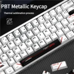 Close-up of shimmering pearlescent unicorn PBT keycaps set, revealing their iridescent fantasy colors and premium metallic sheen.