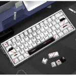 Close-up of Shimmering Pearlescent Unicorn PBT Keycaps Set, highlighting their unique metallic sheen and iridescent glow for a mystical, artistic keyboard.