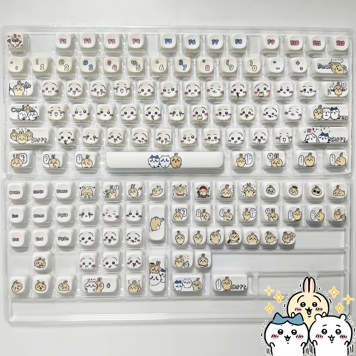 Whimsical Usagi MOA PBT keycaps set, featuring adorable cartoon characters in pastel colors, showcasing durable dye-sub PBT and unique MOA profile.