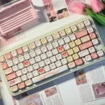 Vibrant red and white PBT dye-sublimated Valentine keycaps set showcasing playful hearts and sweet love motifs for romantic keyboard expression.