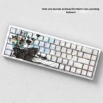 Multiple angles of the premium Valorant Jett side-lit PBT keycaps set, showcasing the sleek, minimalist design and vibrant legends.