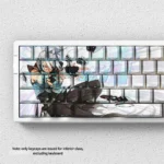 Valorant Jett Keycaps Set, a side-lit PBT set. Sleek minimalist Jett designs with vibrant legends. Durable PBT construction is shown from various angles.