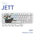 A gallery of Valorant Jett Keycaps Set, featuring the sleek, minimalist Jett design on durable PBT. Vibrant side-lit legends are showcased from multiple angles.