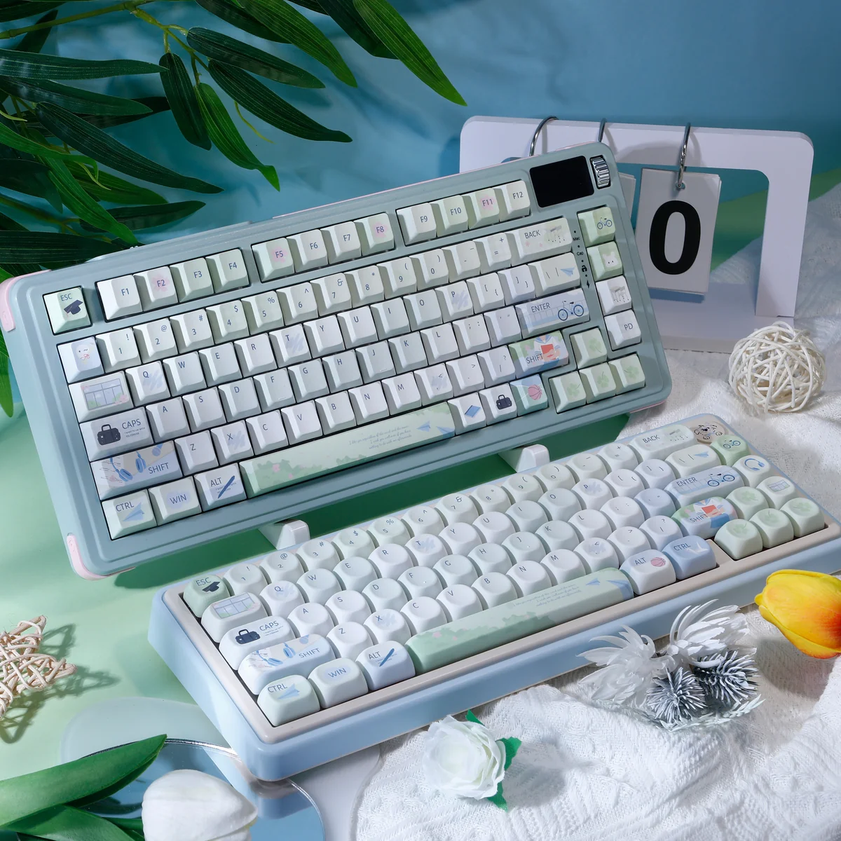 Waiting For You Series Keycap Set, playfully showcasing whimsical school-life illustrations from various angles. Enjoy the soft colors.