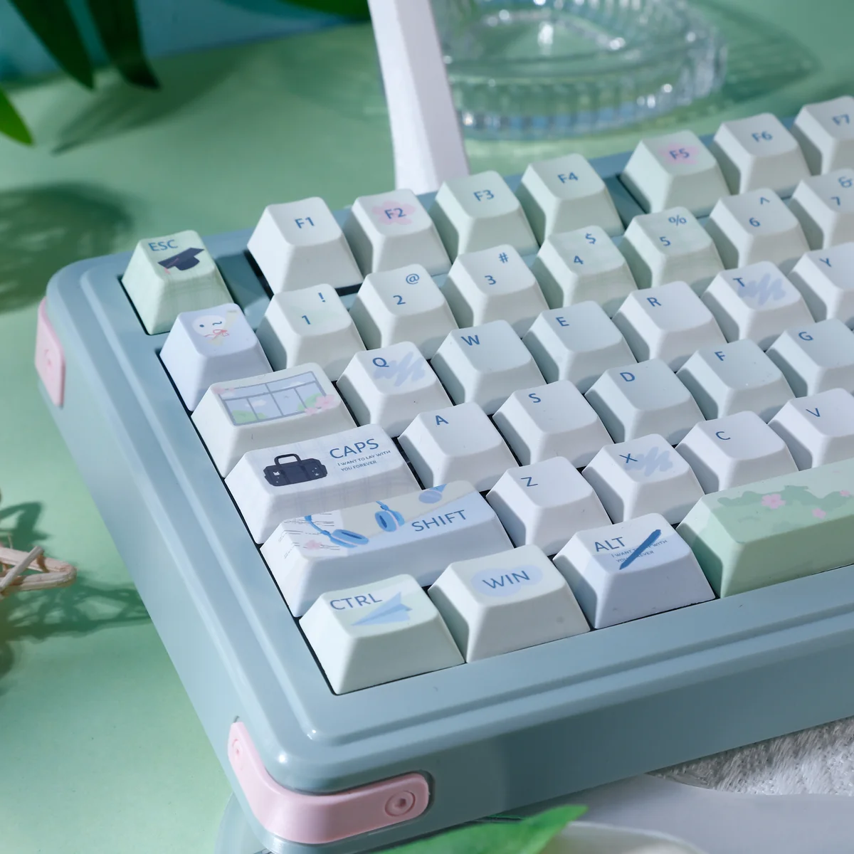 Multiple angles of the playful Waiting For You Series Keycap Set, showcasing whimsical school-life illustrations and soft colors.