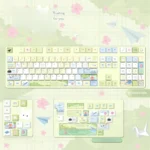 Playful Waiting For You Series Keycap Set, showcasing whimsical school-life art in soft colors from multiple angles, evoking campus memories.