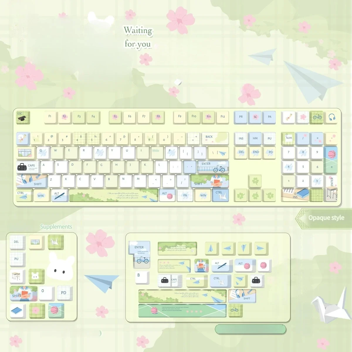 Whimsical Waiting For You Series Keycap Set, showcasing playful school-life illustrations in soft hues.