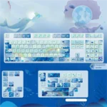 Whale Starlit Keycap Set: Deep blue side-lit keycaps illuminate ethereal starlit whale and celestial designs, creating a premium, dreamlike design.