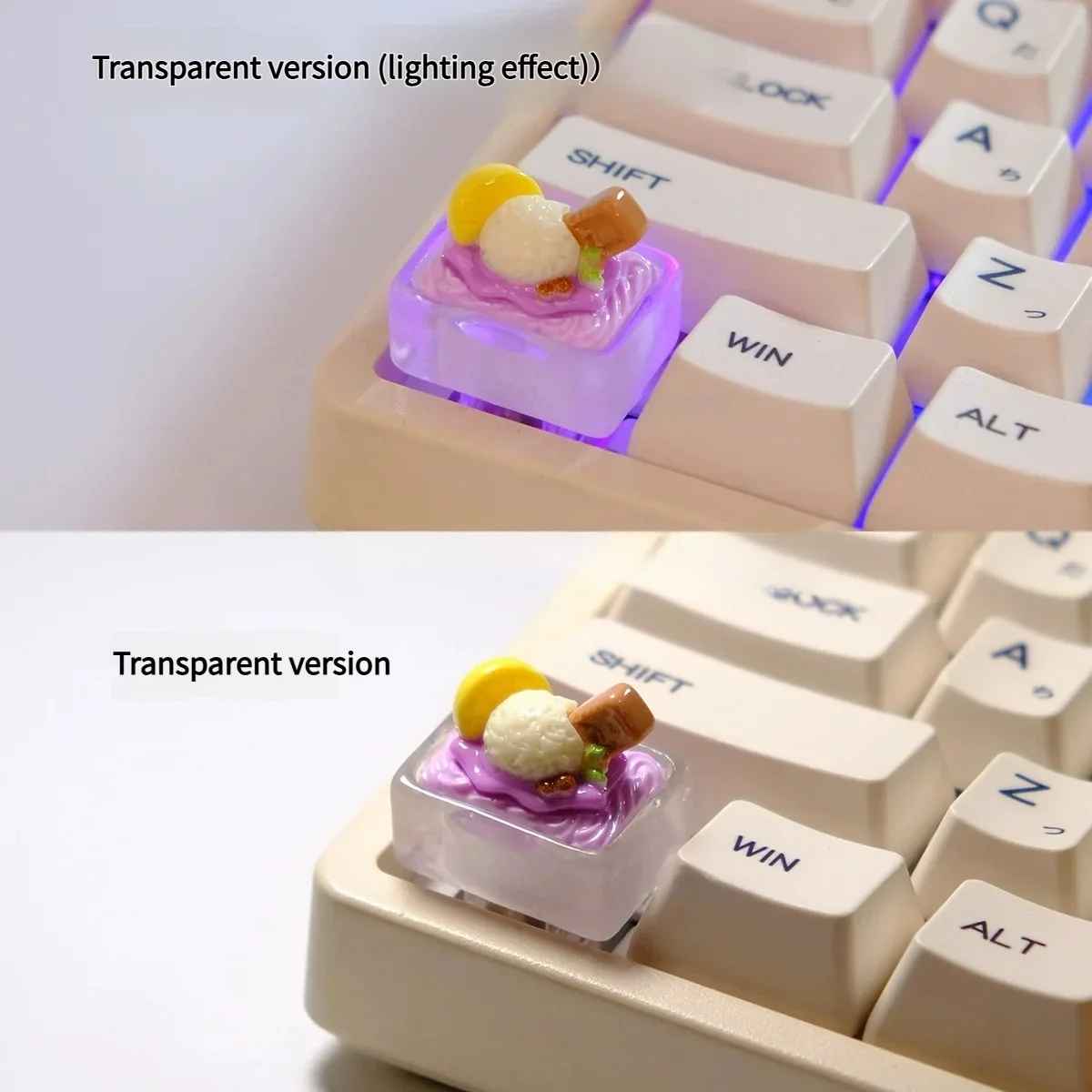 Whimsical handcrafted ice cream keycap, showing its realistic pastel scoops and charming edible aesthetic from multiple angles.