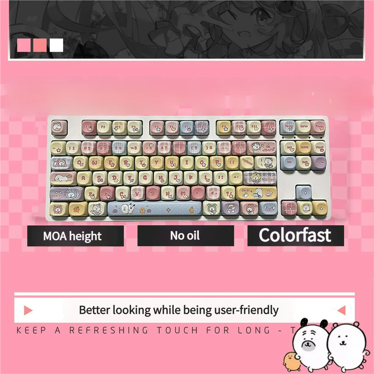 Whimsical Joke Bear PBT Dye-Sub MOA Keycap Set with charming pastel character art, showcasing durable PBT and unique MOA profile for a playful keyboard.
