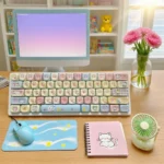 Detailed product gallery of the Whimsical Joke Bear PBT Dye-Sub MOA Keycap Set, showcasing its charming pastel character art and durable PBT construction.