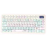 Whimsical Strawberry Pig PBT dye-sub keycap set. Pastel pink, green, and white keys with cute pig and strawberry designs shown from various angles.