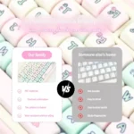 Whimsical Strawberry Pig PBT Keycap Set. Multiple angles of the pastel pink, green, and white dye-sub keycaps, featuring cute pigs and strawberries.