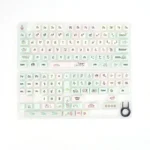 Whimsical Strawberry Pig PBT keycap set, multiple angles. Playful pastel pink pig and green strawberry dye-sub designs on white PBT keycaps.