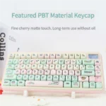 Whimsical Strawberry Pig PBT Keycap Set featuring pastel pink, green, and white dye-sub keycaps with cute pig and strawberry motifs.