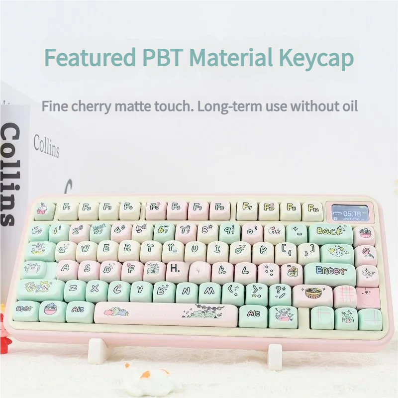Whimsical Strawberry Pig PBT Keycap Set featuring pastel pink, green, and white dye-sub keycaps with cute pig and strawberry motifs.