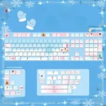 Premium Winter Romance PBT dye-sub keycaps set featuring side translucent legends in soft pastel blue and pink, ideal for a cozy, backlit setup.