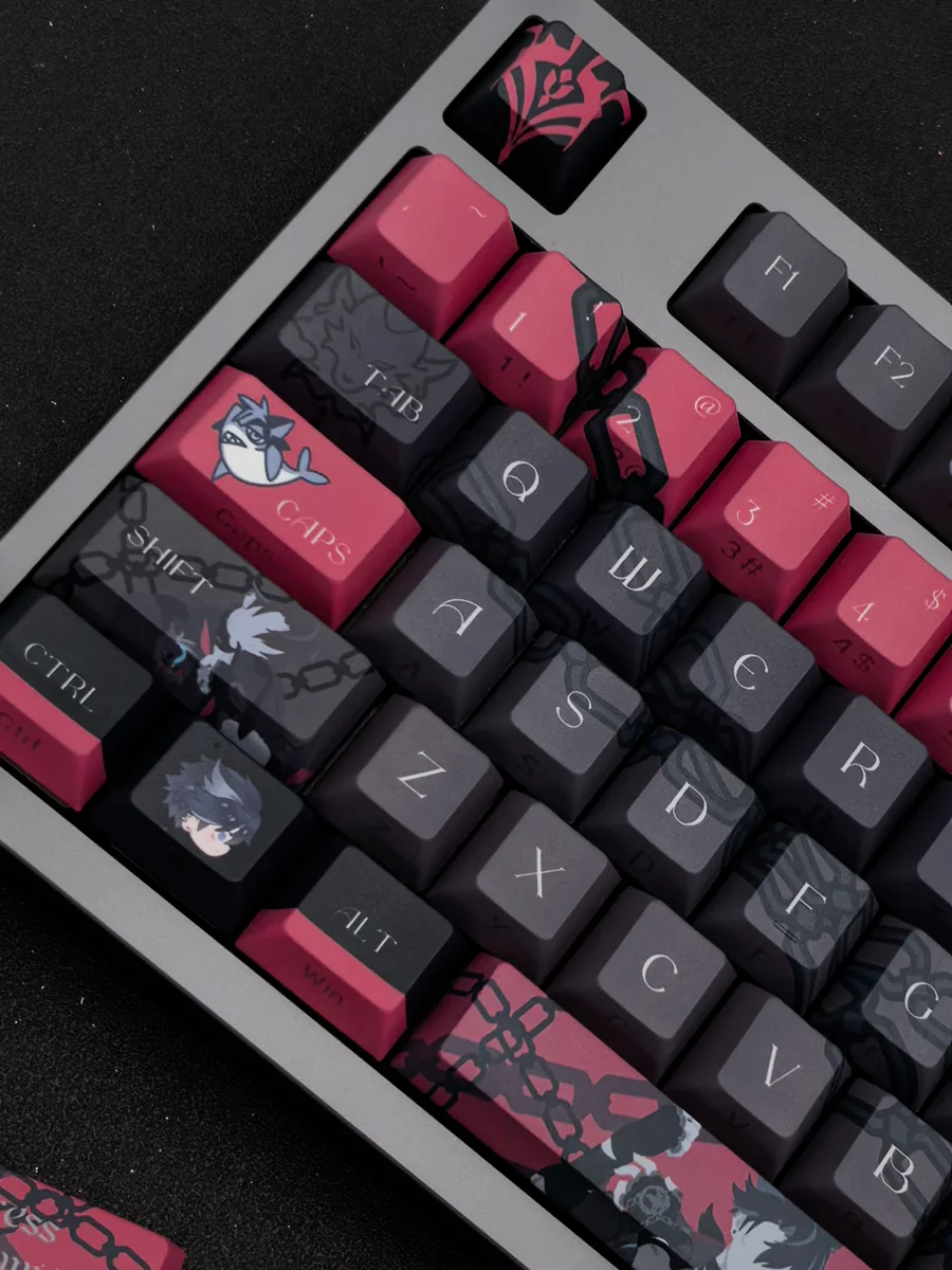 Exclusive Wriothesley 2.0 Side-Print Keycaps Set in deep blues, featuring ice-themed accents and sleek Genshin Impact side-printed legends for a premium setup.