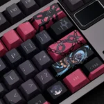 Exclusive Wriothesley 2.0 side-print keycaps set in deep blue and ice, viewed from a detailed angle highlighting the crisp, Genshin-inspired legends.