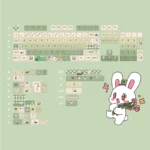 Detailed side profile of the exclusive Year Hare Affair PBT Dye-Sub keycaps set, highlighting vibrant cartoon characters across the playful full set.