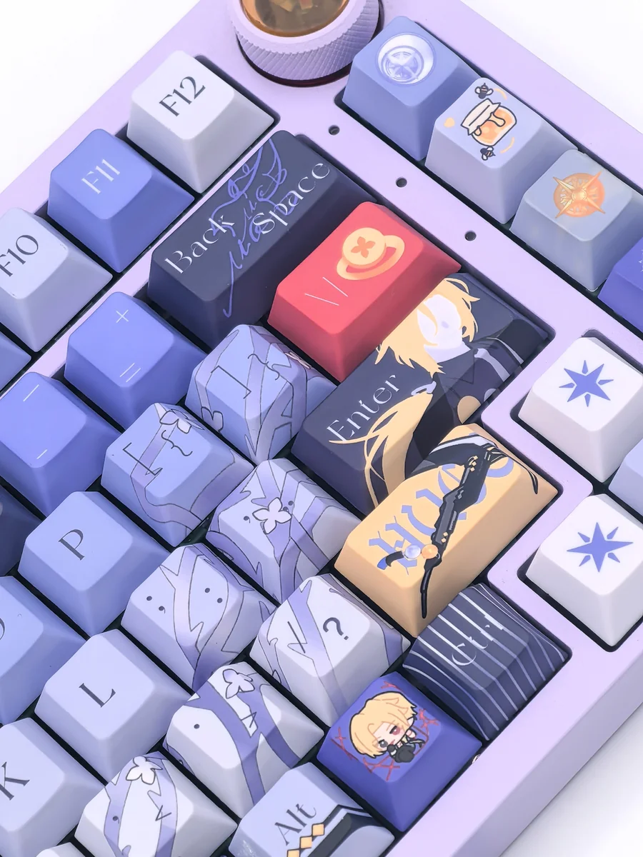 Close-up of a premium Zenless Zone Zero Hugo keycap set, showcasing the dynamic sci-fi character art and intricate details from this exclusive gaming master.