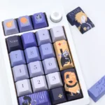 Detailed view of the Zenless Zone Zero Hugo keycaps set from a unique angle, revealing the intricate sci-fi character art. An exclusive part of the premium setup.