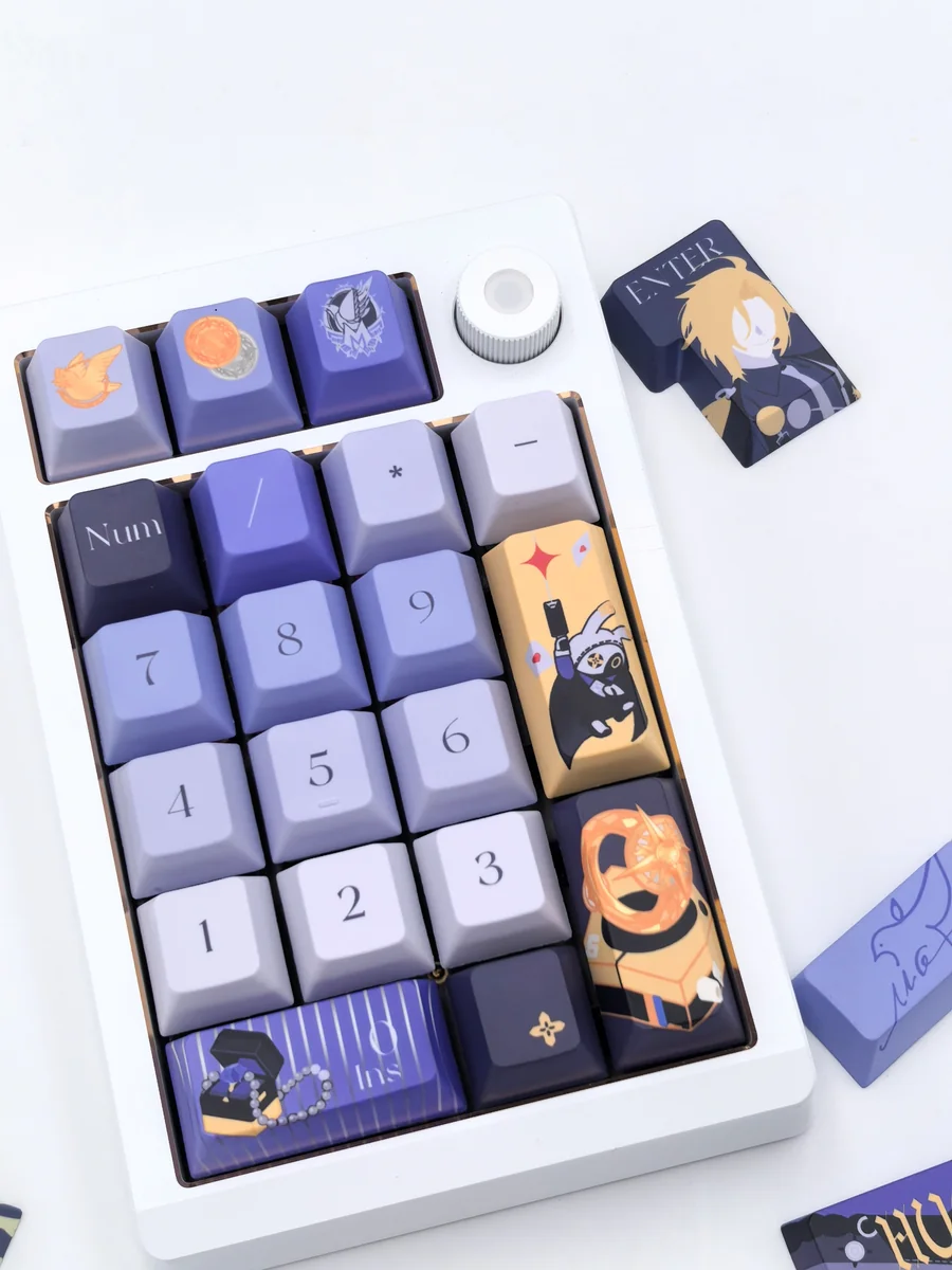 Detailed view of the Zenless Zone Zero Hugo keycaps set from a unique angle, revealing the intricate sci-fi character art. An exclusive part of the premium setup.