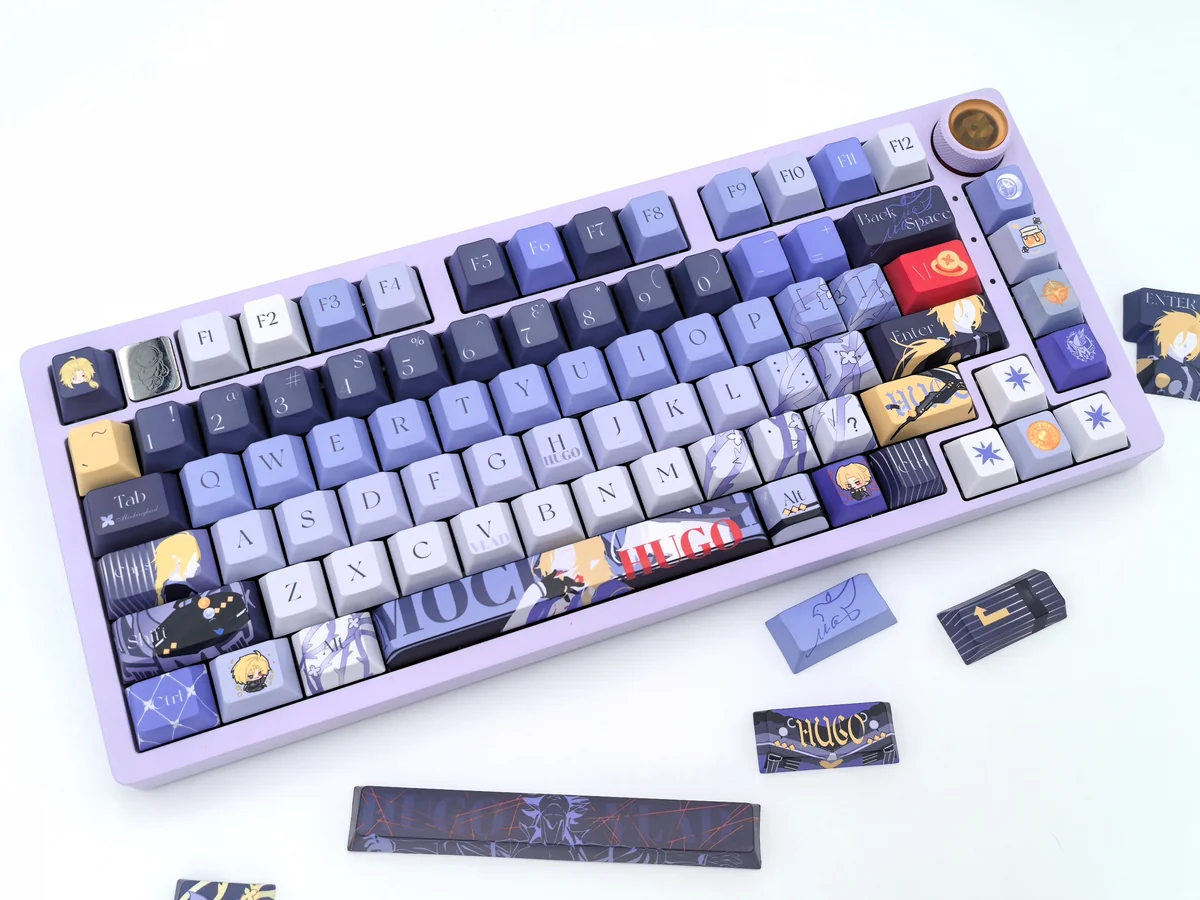Dynamic Zenless Zone Zero Hugo keycaps set, a gaming masterpiece, displayed with futuristic sci-fi lighting, highlighting its exclusive artistic design.