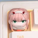 Close-up of a vibrant pink Zero Two anime keycap, highlighting the iconic Darling Franxx character's detailed design.