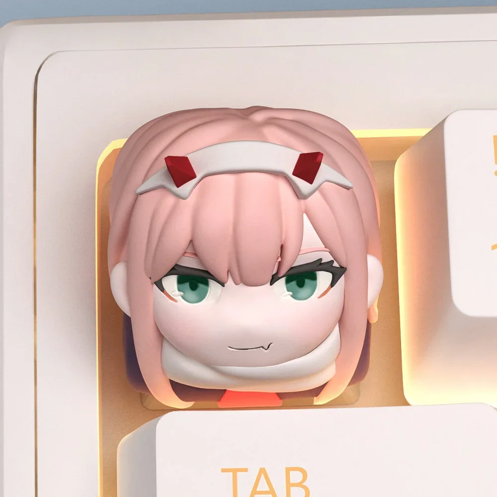 Close-up of a vibrant pink Zero Two anime keycap, highlighting the iconic Darling Franxx character's detailed design.