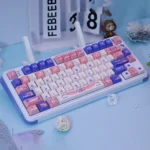 Ethereal Mechanical Angel Keycap set in soft blue and pink dye-sub PBT, showcasing intricate celestial wing designs from a unique angle, highlighting premium artistic.