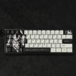 Vibrant anime PBT dye-sub keycap set showcasing original, playful characters in dynamic poses, perfect for enthusiasts.