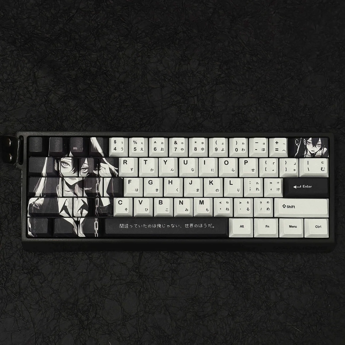 Vibrant anime PBT dye-sub keycap set showcasing original, playful characters in dynamic poses, perfect for enthusiasts.