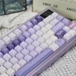 Antiquity Purple Keycaps Set, serene purple PBT dye-sub, showing ancient Chinese motifs and elegant calligraphy. Multiple artistic angles emphasize durability.
