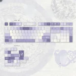 Antiquity Purple PBT Dye-sub Keycaps set displayed from multiple angles, highlighting their serene ancient Chinese motifs, elegant calligraphy-inspired legend.
