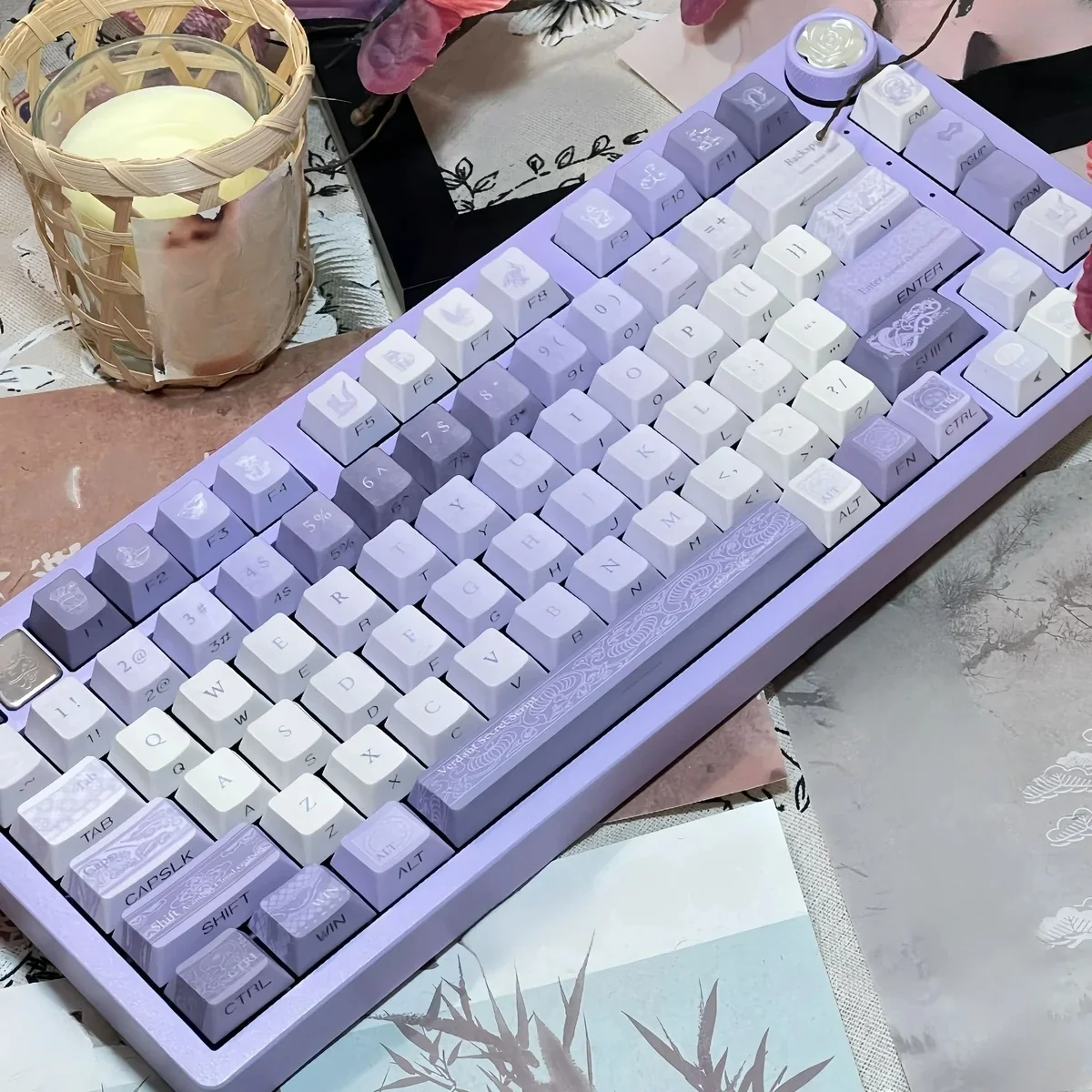 Elegant Antiquity Purple Keycaps Set in serene purple, showcasing ancient Chinese motifs and calligraphy-inspired legends, highlighting their durable PBT dye-sub combination design.