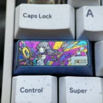 Astra Yao iridescent titanium keycap showcasing its handcrafted cosmic patterns from multiple angles, a shimmering artisan masterpiece.