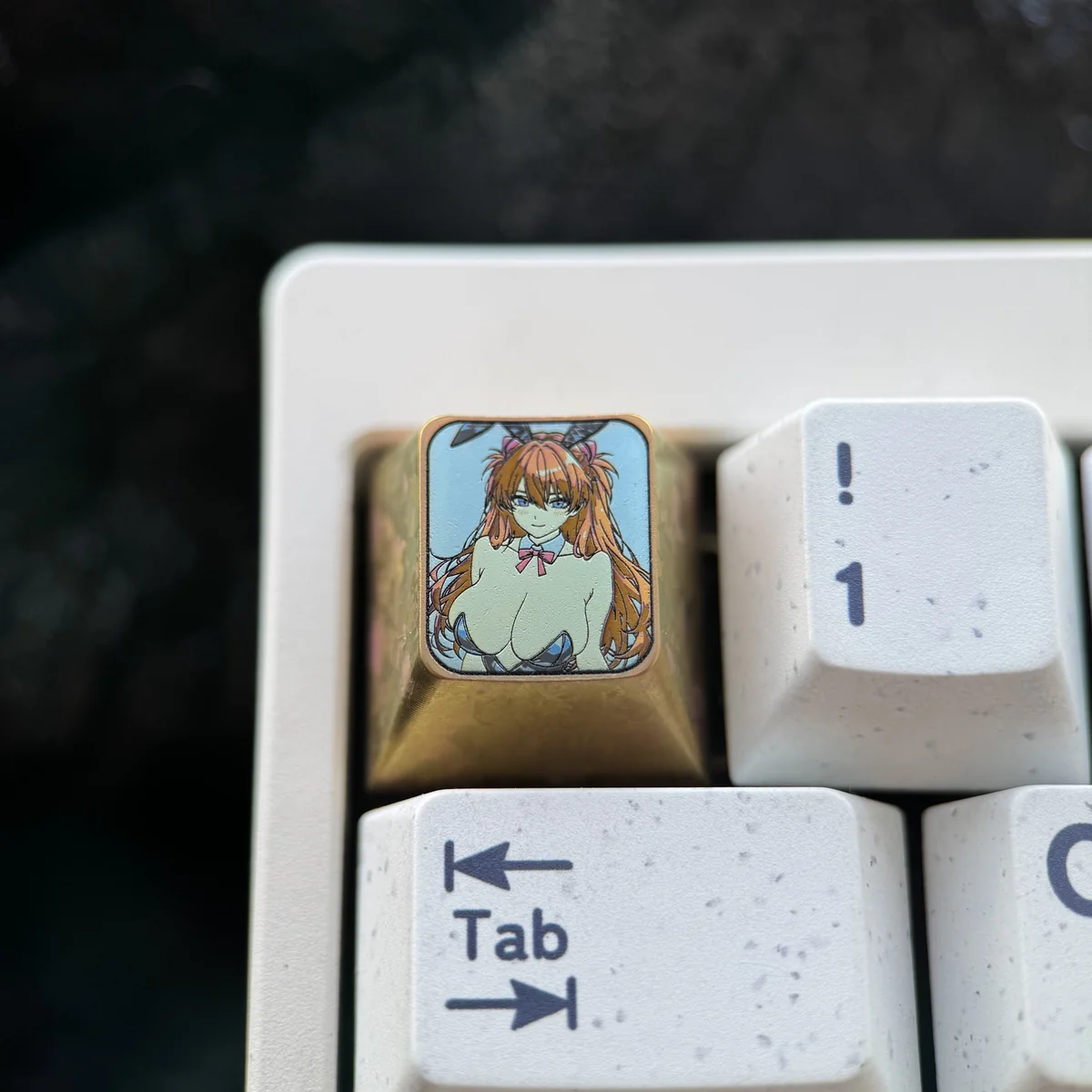 Vibrant premium titanium Asuka Bunny Girl artisan keycap. Detailed anime character art, a collectible keyboard accessory.