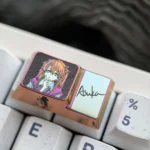 Iconic Asuka titanium artisan 1.75U Caps Key keycap. Detailed futuristic anime art on polished titanium, showcasing its premium, bold aesthetic.