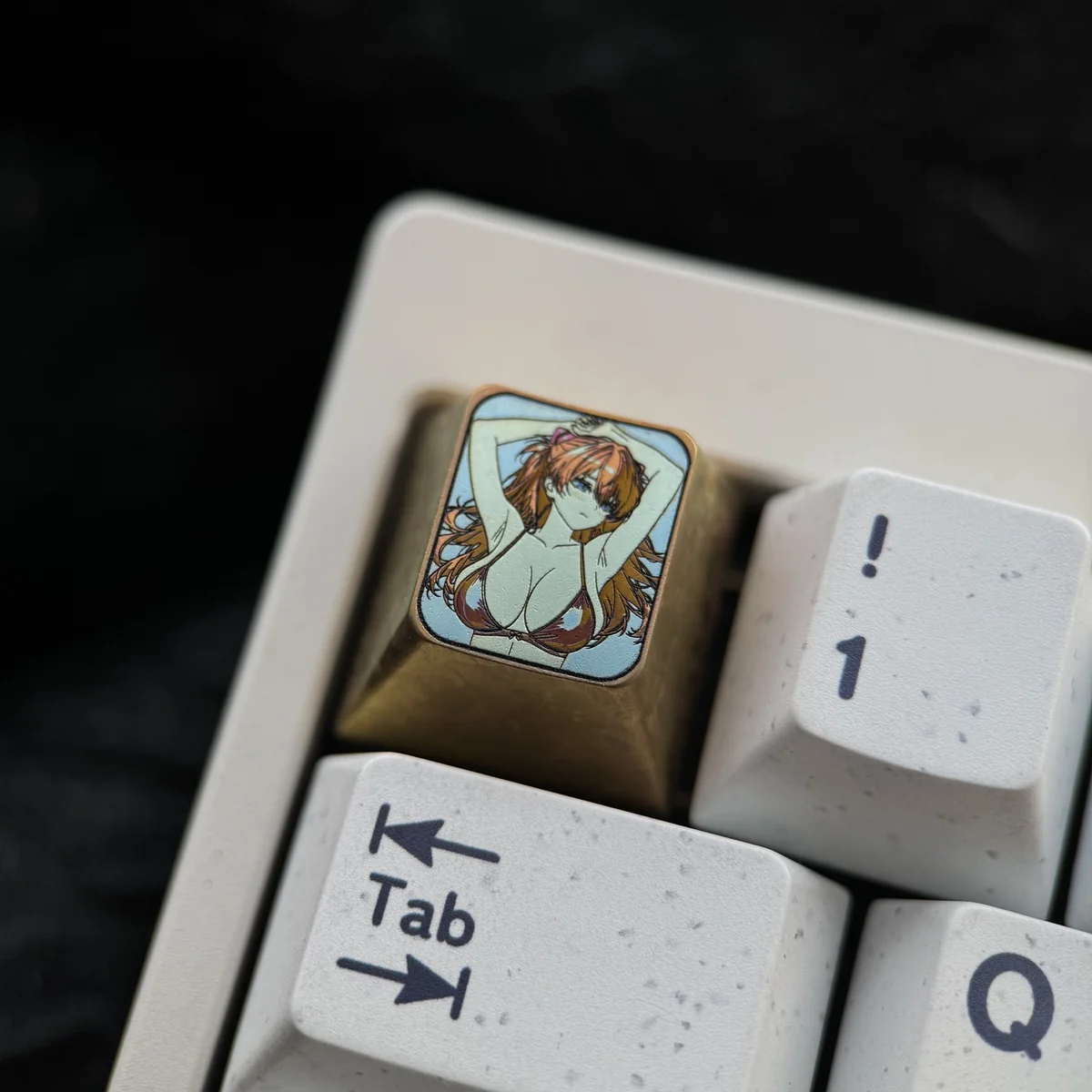 Multiple angles of the premium titanium Asuka Langley Soryu Evangelion artisan keycap, showcasing its vibrant, detailed craftsmanship and iconic design.