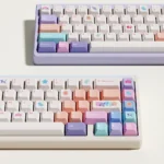 Vibrant Whimsical Balloon Party PBT dye-sub keycaps set for magnetic switches, featuring cheerful pink designs from multiple delightful perspectives.