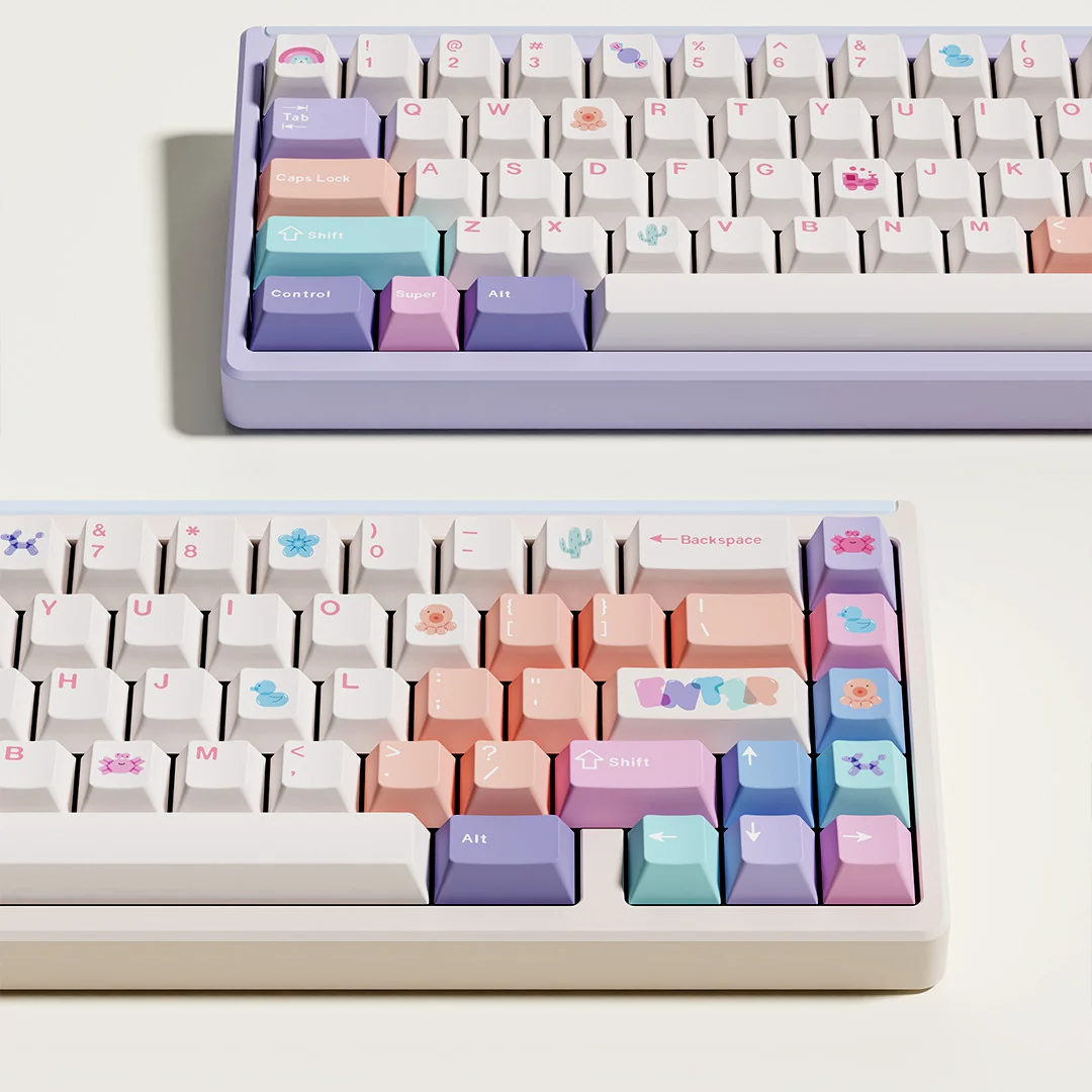 Vibrant Whimsical Balloon Party PBT dye-sub keycaps set for magnetic switches, featuring cheerful pink designs from multiple delightful perspectives.