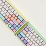 Detailed gallery images of the Whimsical Balloon Party PBT Dye-Sub keycaps set, highlighting the playful pink aesthetic and intricate cheerful designs.