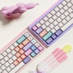 A vibrant collection of whimsical Balloon Party PBT dye-sub keycaps set, showcasing cheerful pinks and celebratory graphics for magnetic switch keyboards.