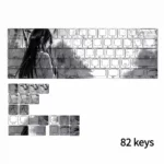 Angled shot of Artistic Bamboo Rain PBT keycaps set, revealing the unique side-lit serene bamboo forest, rain, and original character design.