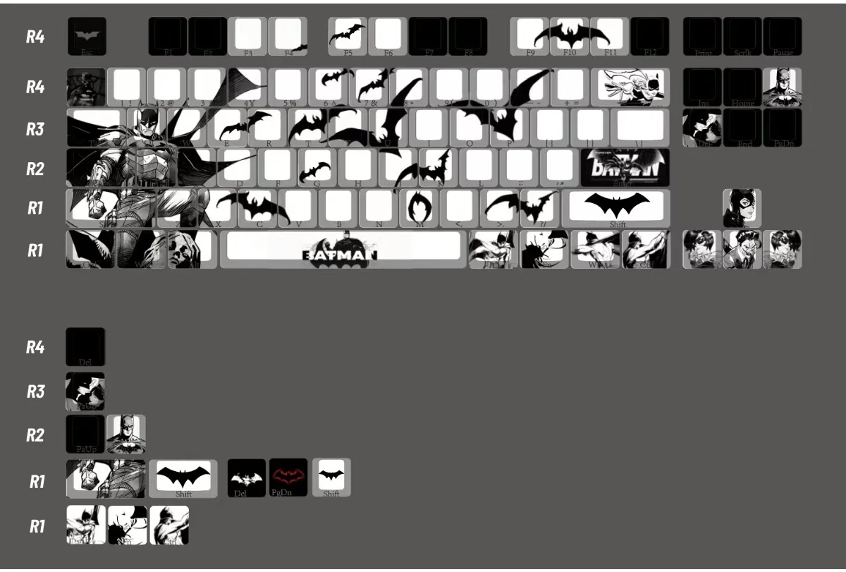 Captivating views of the Iconic Batman Side-Engraved Shine-Through PBT Keycap Set from various angles, revealing its dark Gotham aesthetic and subtly design.