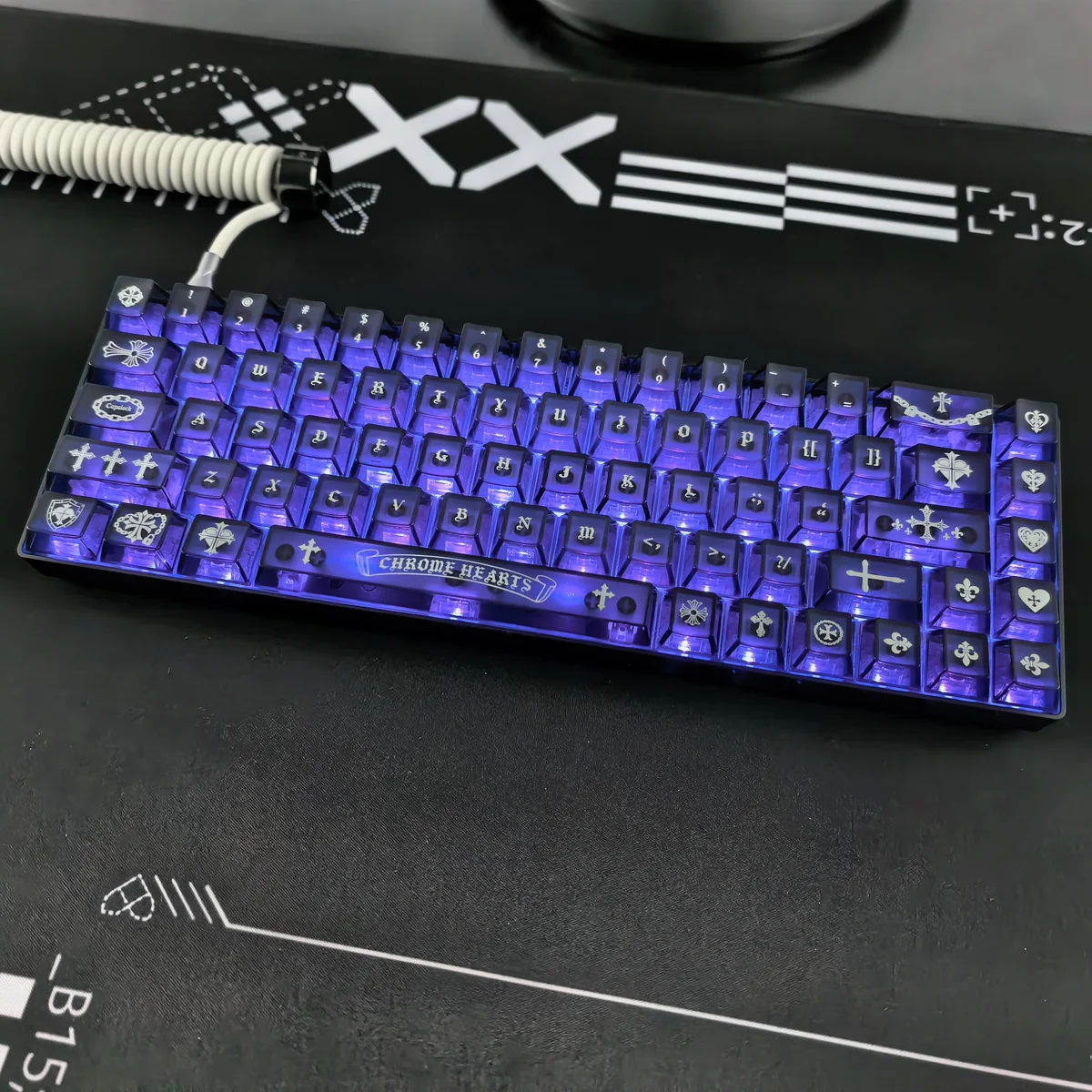 Gothic Chrome Hearts frosted PC keycap set gallery, showcasing its edgy design, premium texture, and unique RGB glow from various angles.