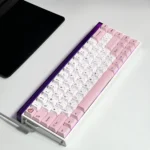 Charming Butterfly Heart-Shaped PBT Keycaps Set gallery, featuring whimsical pink dye-sublimated butterflies and delicate hearts in various artistic close-up.