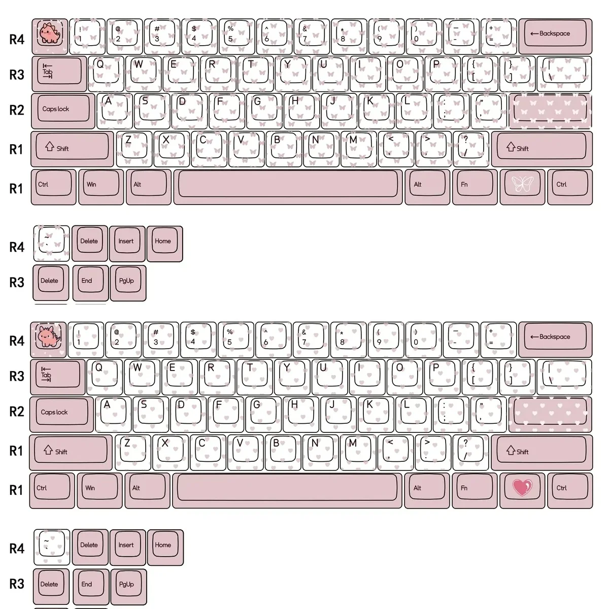 Charming Butterfly Heart-Shaped PBT Keycaps Set. Whimsical pink hues on pastel, dye-sublimated PBT keycaps, creating a romantic artistic design.
